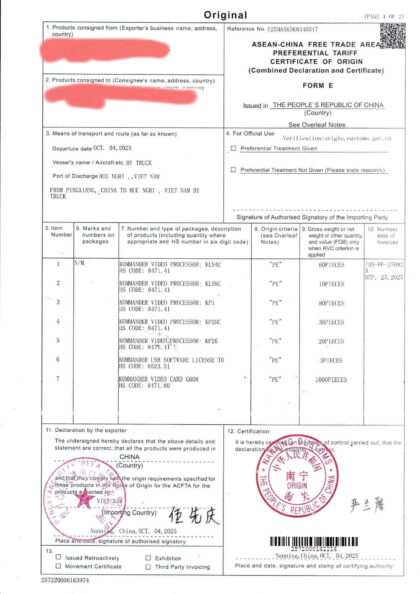 Trang 1 CO Form E chứng nhận xuất xứ bộ xử lý hình ảnh Kystar KP1 nhập khẩu chính ngạch tại Led Sun
