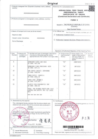 Trang 2 CO Form E: Chi tiết danh sách Card phát, Card thu và Cabinet LED nhập khẩu trong cùng lô hàng