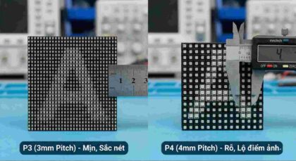 So sánh P3 và P4 ở cự ly gần: màn hình P4 lộ điểm ảnh rõ hơn, P3 mịn và khít điểm ảnh hơn